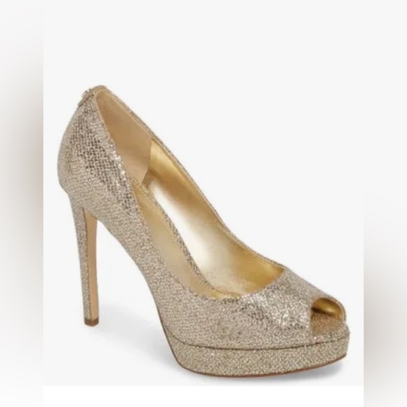 MICHAEL KORS NWT ERIKA gold glitter platform heels open toe pumps - Picture 1 of 7